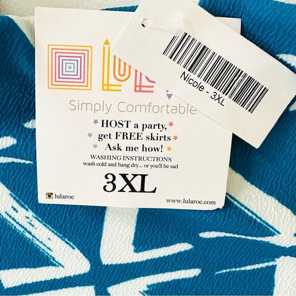 LuLaRoe Nicole Blue White Print Short Sleeve Drop Wasit Midi Dress Plus 3XL NEW - Picture 9 of 12